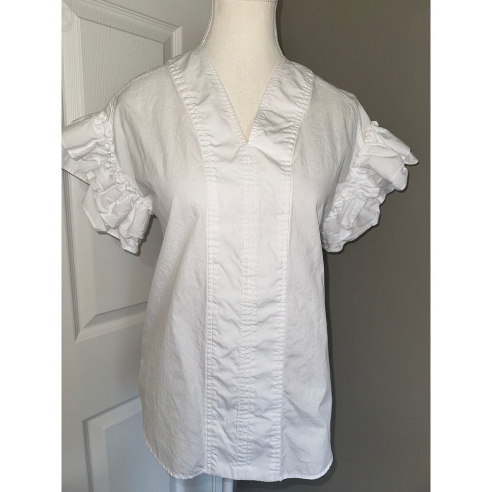 Lauren Ralph Lauren White Ruffle Sleeve V-Neck Cotton Blouse Womens XS Poplin